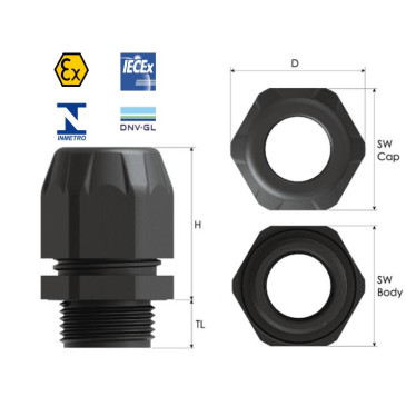 КАБЕЛЬНЫЙ ВВОД ВЗРЫВОЗАЩИЩЕННЫЙ EHIBM-SX2S BIMED M20X1,5, ДИАМЕТР КАБЕЛЯ 6,0-10,0 ММ. II 2GD Ex eb IIC Gb Ex tb IIIC Db IP66/68